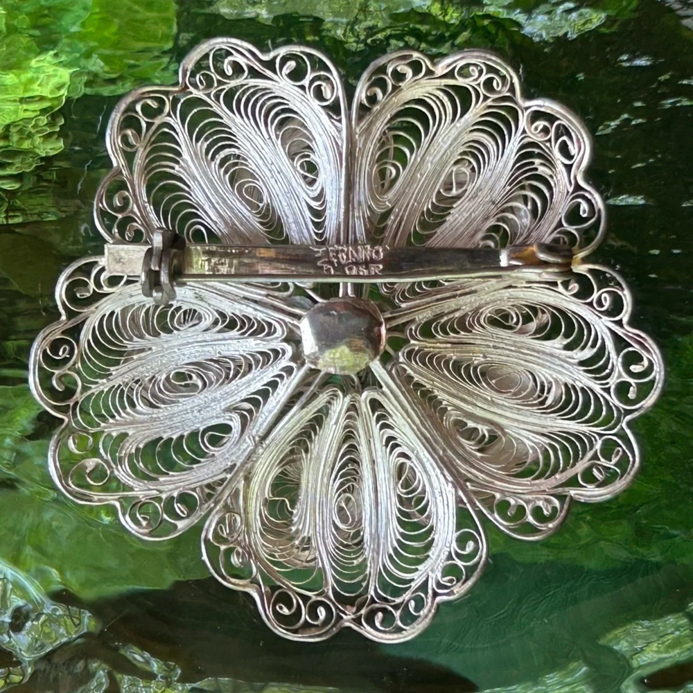 Vintage Sterling Silver Handmade Flower Filagree Brooch